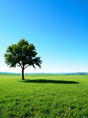 Obraz premium Solitary Tree Casting Shadow on Verdant Meadow Under Azure Sky A Serene Landscape Image