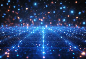 Fototapeta premium Abstract digital landscape with glowing blue and orange particles on a dark background, representing technology, data, and virtual reality concepts.