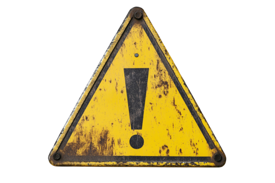old yellow triangle warning sign with exclamation mark isolated on transparent white background, clipping path