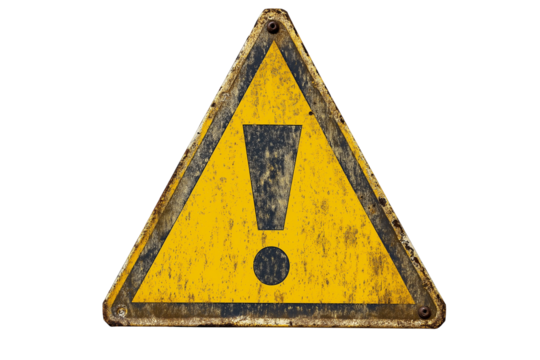 old yellow triangle warning sign with exclamation mark isolated on transparent white background, clipping path