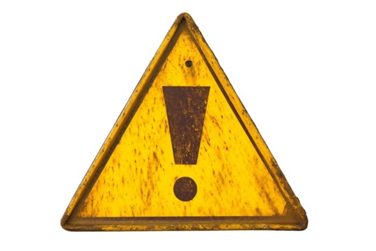 old yellow triangle warning sign with exclamation mark isolated on transparent white background, clipping path