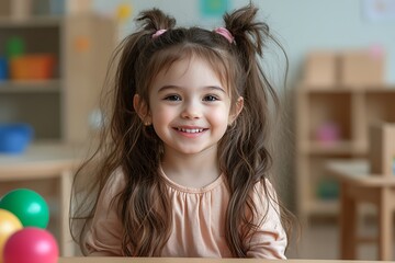 Fototapeta premium Joyful child playing with colorful balls in classroom indoor environment candid shot