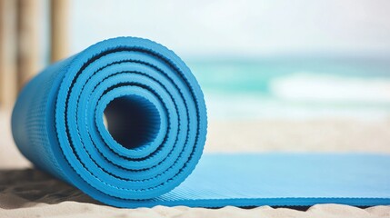 Yoga practice on a beach relaxing blue yoga mat tranquil ocean view lifestyle content outdoor environment