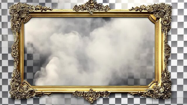 Ornate gold frame with transparent cloudy sky background for digital compositions