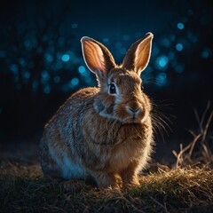 Fototapeta premium A glowing rabbit with shimmering fur under the moonlight.