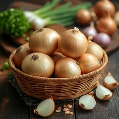 Fresh onions in a basket on wooden table, various onions background