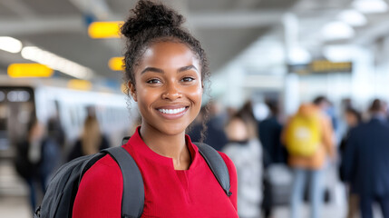 Naklejka premium African staff employee woman in red casual smiling going to office using train public transport