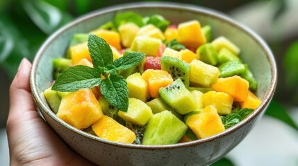 Refreshing colorful fruit salad home kitchen food photography bright natural light close-up view healthy eating concept