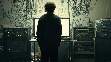 Person observing blank screen in chaotic server room with hanging wires - Powered by Adobe