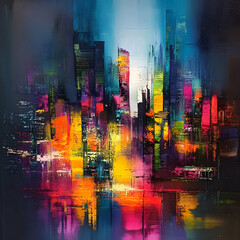Obraz premium A vibrant abstract cityscape with bright colors and dynamic brushstrokes.