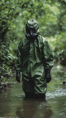 Fototapeta premium A person in a green rain suit and gas mask wades through a lush, forested creek.