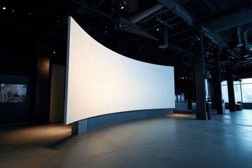 Curved screen display, modern gallery, city view, blank, presentation