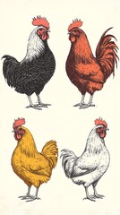 Four Colorful Roosters & Hens Illustration