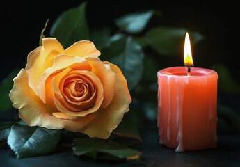 Fototapeta premium Beautiful orange rose beside a glowing candle on dark background, symbolizing love, warmth, and tranquility in a serene and romantic ambiance