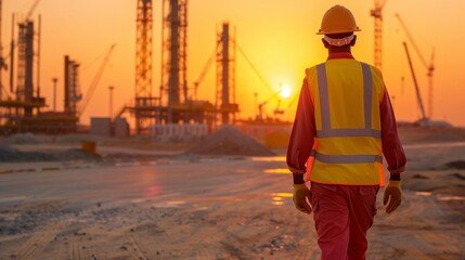 A construction worker in safety gear walks towards a sunset, surrounded by cranes and drilling rigs on a site.