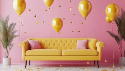 Bright and Cheerful Living Room with Yellow Sofa, Pink Wall, Colorful Balloons, and Decorative Elements for a Festive Atmosphere