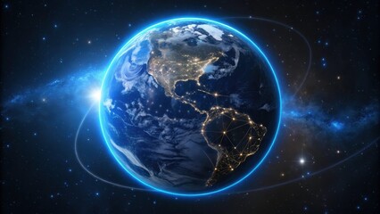 Naklejka premium Illuminated Earth at Night with Global Network Connections from Space