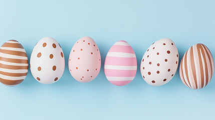 Fototapeta premium Decorated easter eggs forming a row on light blue background