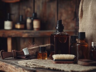Grooming supplies displayed on rustic wooden surface