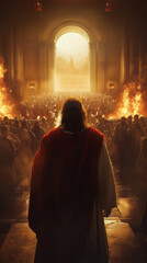 watercolor resurrection of Jesus Christ, cross, empty tomb rebirth  rising from dead. Spiritual awakening eternal life victory