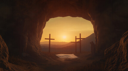 watercolor resurrection of Jesus Christ, cross, empty tomb rebirth  rising from dead. Spiritual awakening eternal life victory