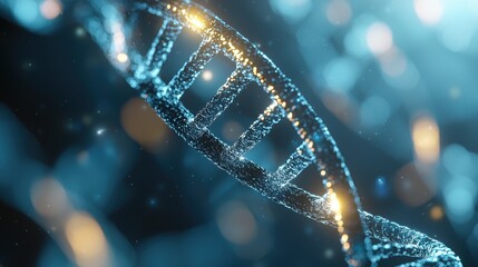 A digitally rendered image of a DNA double helix, showcasing intricate details and glowing elements against a blurred background.