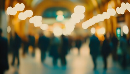 Fototapeta premium Blurred figures walk under soft lights in a grand hall