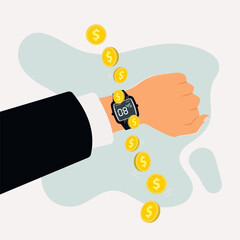 Hand using digital watch with money. Time is money concept illustration