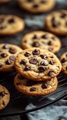 Delicious chocolate chip cookies stacked on a wire rack, warm and inviting.