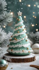 A festive green Christmas tree decoration made from fondant with golden accents.