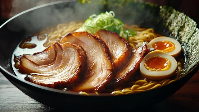 Steaming ramen with pork, egg, and seaweed in bowl on table