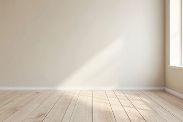 Empty room, sunlight, wooden floor, beige wall, interior design mockup