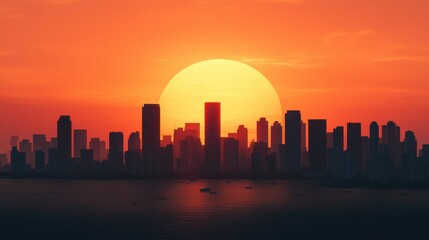 A stunning sunset casts a warm glow over a city skyline, silhouetting skyscrapers against a vibrant orange sky.