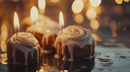 Sweet Celebrations:  An intimate close-up reveals warm, inviting cinnamon rolls with delicate candle flames and soft, bokeh lights creating a sense of coziness and celebration. 