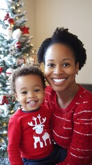 Smiling Black mother and toddler boy in festive attire by a decorated Christmas tree.