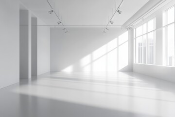 Fototapeta premium Sunlight streams into empty white modern gallery