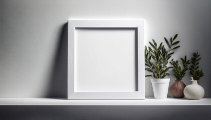 Empty White Photo Frame Showcasing Minimalist Tranquility, Perfect for Home Decor or Artistic Endeavors, Emphasizing Solid Whites and Clean Lines.