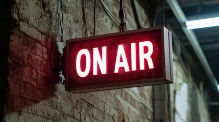 A red "ON AIR" sign hangs against a textured wall, indicating a broadcast is currently in progress.