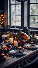 Elegant festive dinner table adorned with candles and seasonal decorations.
