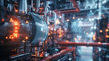 Obraz premium A dynamic perspective of a gas boiler room with vibrant red and black piping, digital AI interfaces floating around, creating a smart industrial environment, sci-fi, ultra-detailed