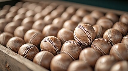 Rows of old baseballs nestled in a timeworn crate, their battered surfaces telling vivid tales of camaraderie, sweat, and shared love for the game