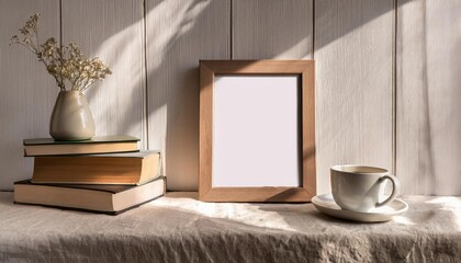 Vintage Empty Wooden Frame Against Beige Linen Tablecloth Backdrop, Elegant and Timeless Piece for Modern Interiors or Classic Artwork Composition, Exuding a Sense of Anticipation and Simplicity.