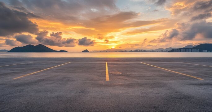 Empty seaside parking lot sunset; coastal city skyline - Powered by Adobe