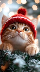Obraz premium Adorable orange tabby cat in a red winter hat resting on snowy pine branches.