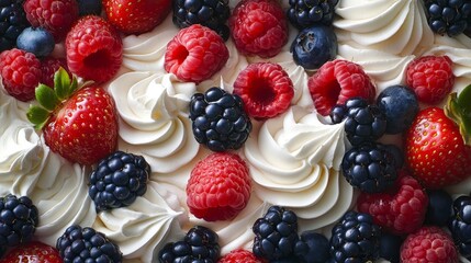 A colorful dessert topped with whipped cream and fresh berries.