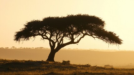 Obraz premium Giraffe silhouette beside a lone acacia tree, with a bright golden sky and gently rolling savannah terrain in the distance