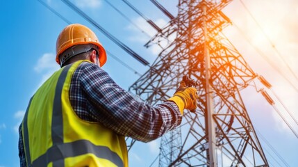 High Voltage Power Line Inspection:  A lineman inspects a high voltage power line tower, ensuring safe and reliable energy transmission.