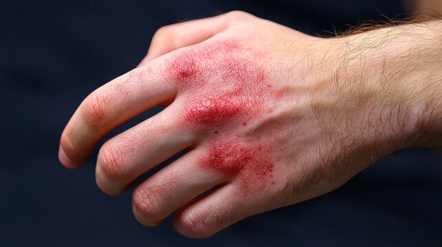 High-detail image of an itchy hand with red mosquito bites, partially scratched skin showing small raised welts and irritation