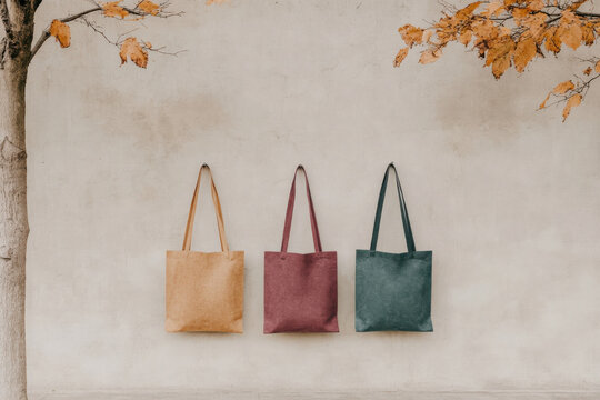 Three bags hanging on a wall, one is yellow, one is red and one is blue - Powered by Adobe