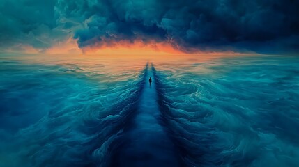 A solitary figure walks along a surreal ocean path under dramatic clouds at sunset